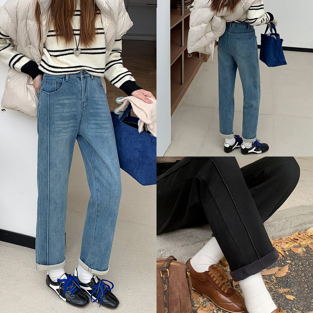 2025年冬季新款时尚百搭大码高腰显瘦加绒加厚牛仔哈伦裤