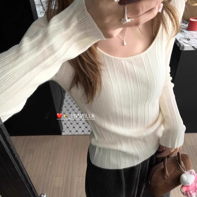 高级感软糯韩系u领长袖针织衫t恤女春秋内搭打底修身短款收腰上衣