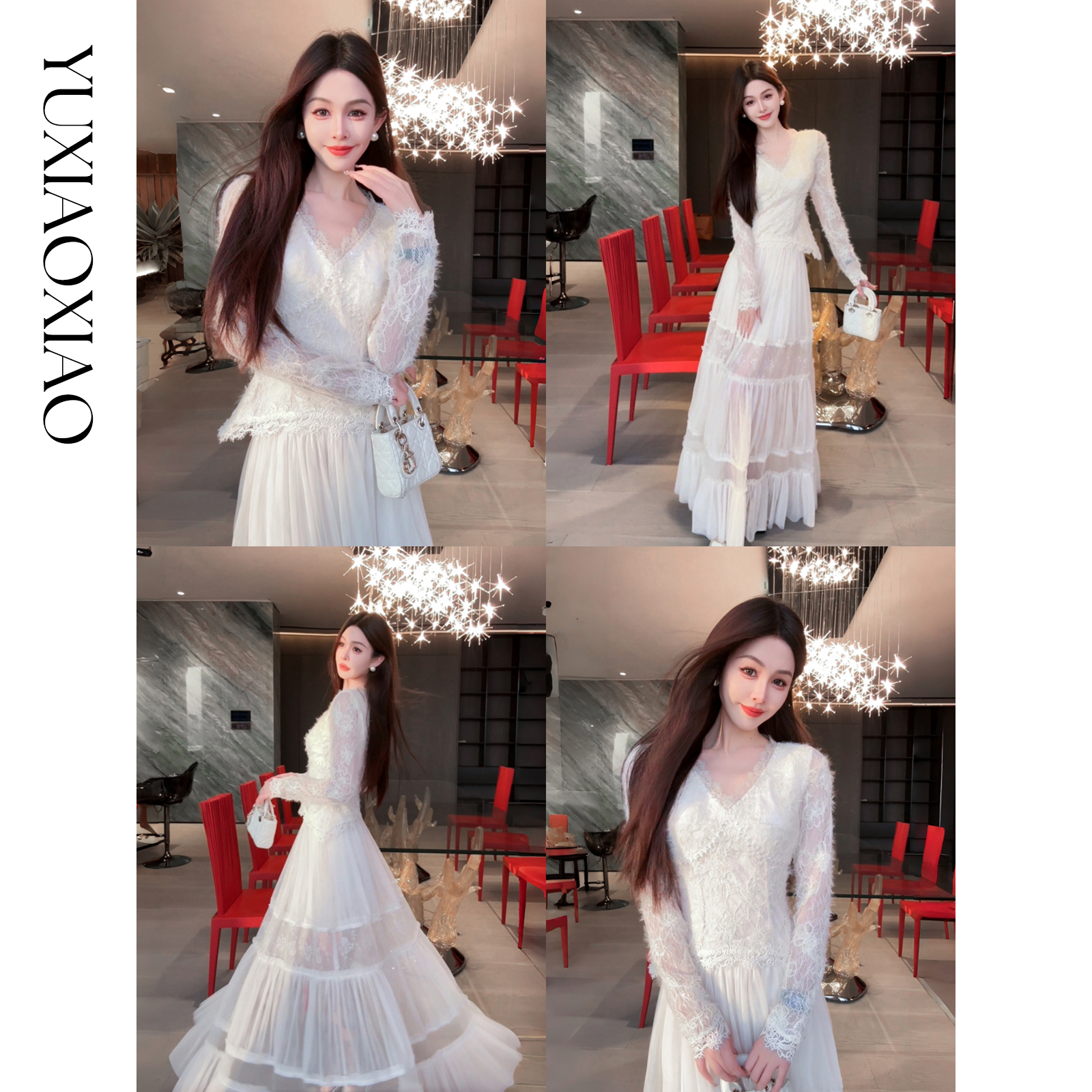 余潇潇【彼岸精灵】浪漫精致V领打底蕾丝上衣&蕾丝拼接网纱半身裙