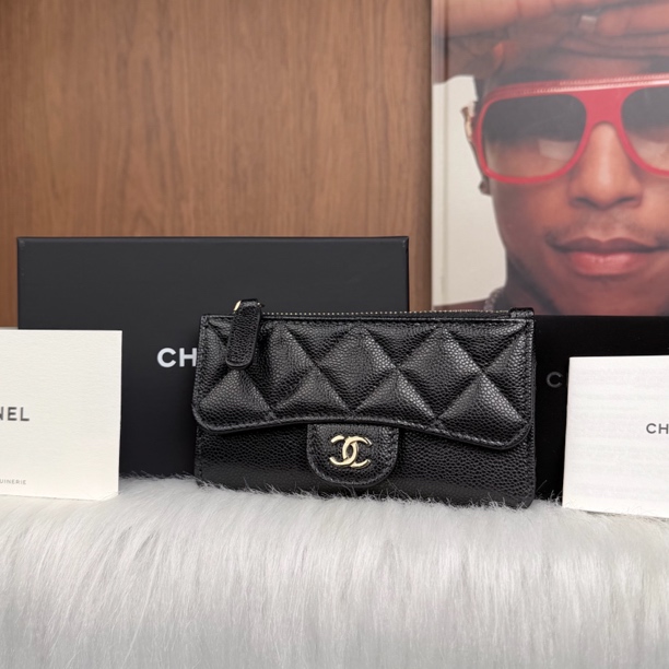 未使用 Chanel/香奈儿 黑金鱼子酱细纹零钱包卡包全新全套