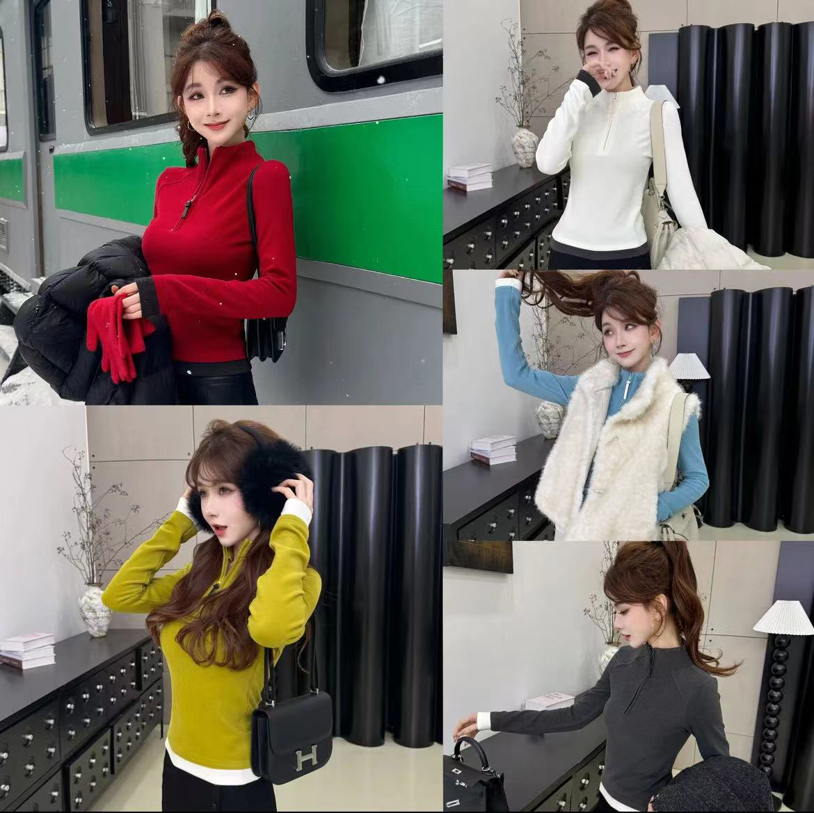 【小蛮腰37°】德绒暖T！显瘦正肩半拉链撞色上衣