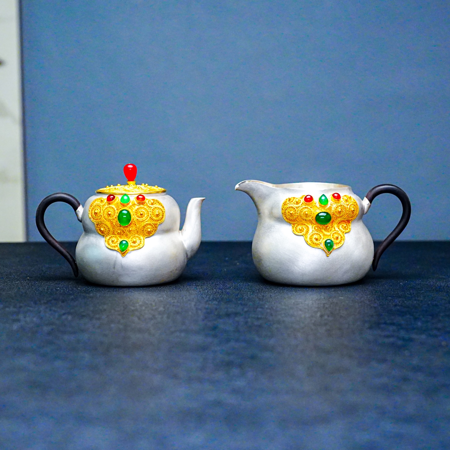 【半山工坊】纯手工掐丝福禄泡茶壶、公道杯套装家用银壶足银999    