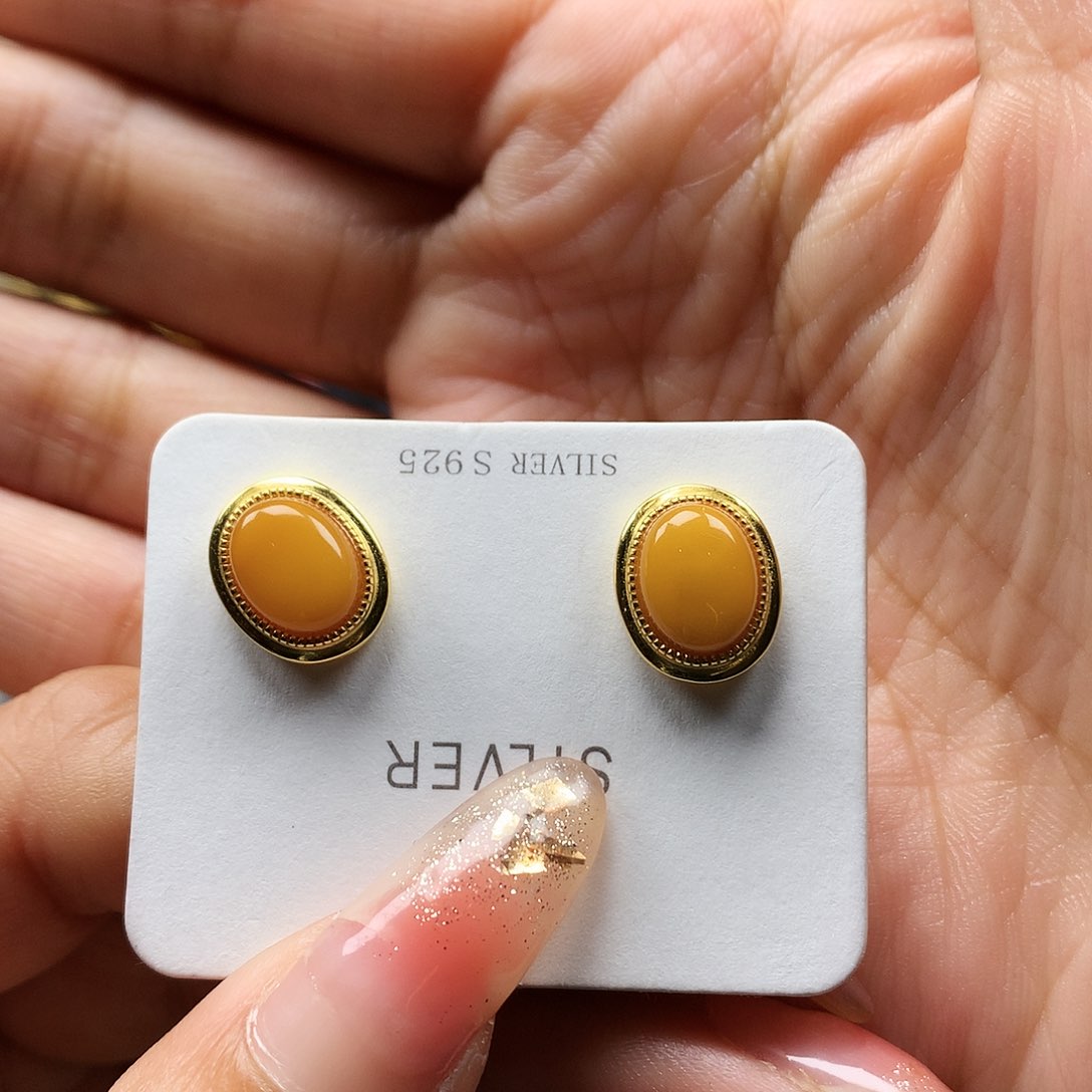 蜜蜡耳饰银S925镶嵌耳钉