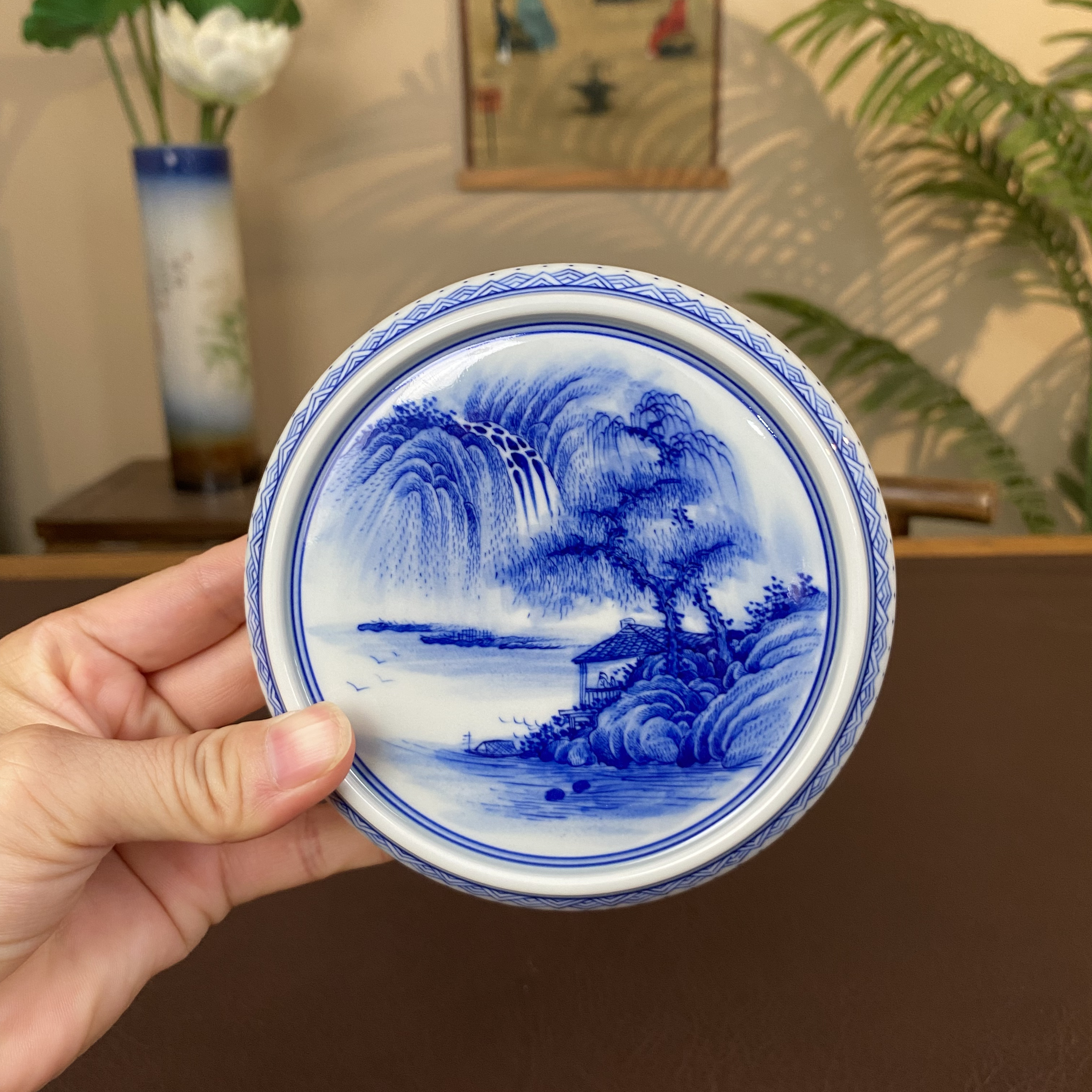 【九茗柴窑】精工山水大盖置直径11.5cm手工手绘景德镇茶具陶瓷白瓷