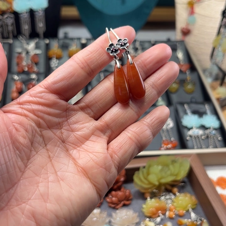 蛇纹石玉耳饰银S925镶嵌