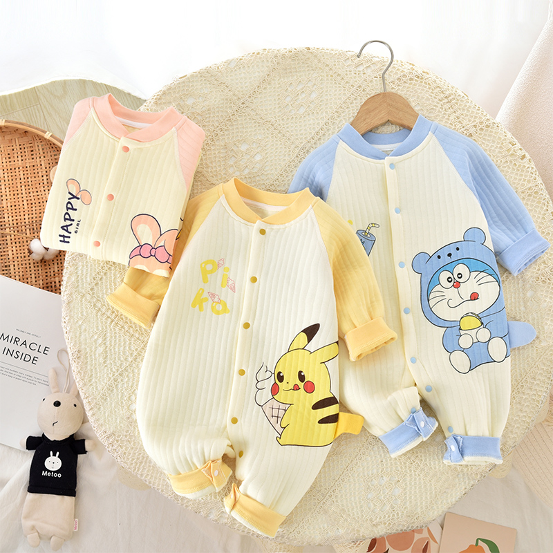 婴儿保暖连体衣春秋季男女宝宝夹棉长袖哈衣新生儿打底睡衣超萌秋