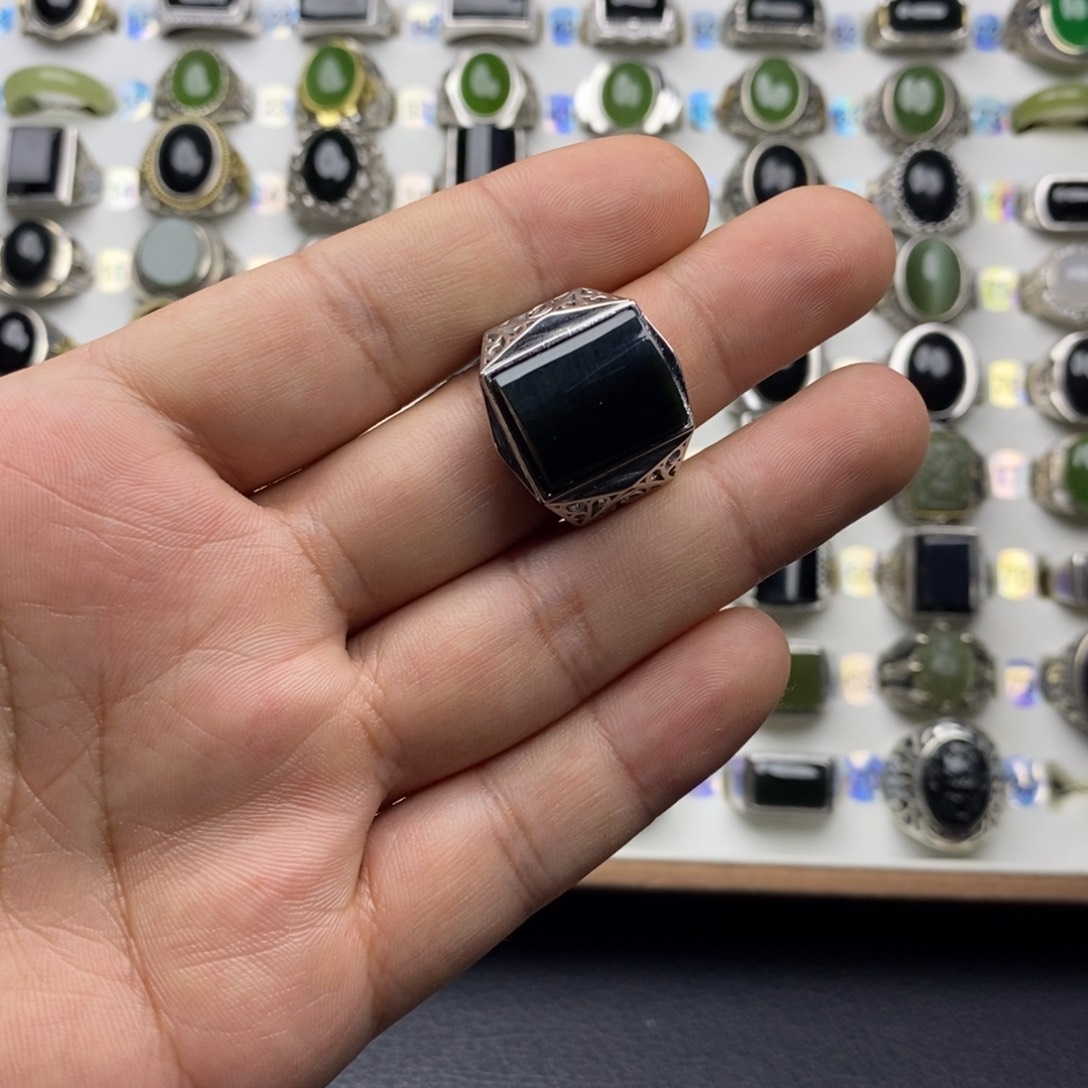 美***画和田玉银S925镶嵌戒指