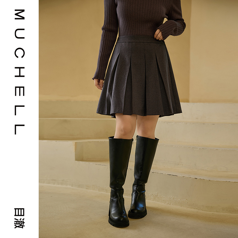 目澈MUCHELL春季新款【青春册】学院风大码A字百褶短裙MDS1BD4055
