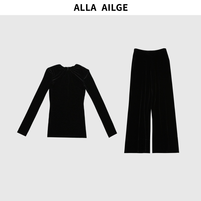 ALLA AILGE「黑天鹅」褶领黑丝绒上衣 黑丝绒垂感长裤 套装