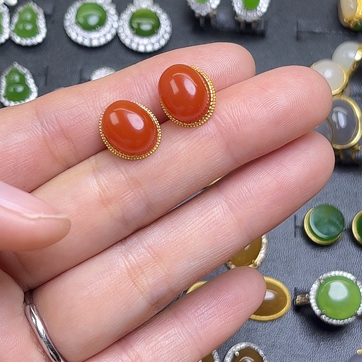 庞***荣南红玛瑙银S925镶嵌耳饰