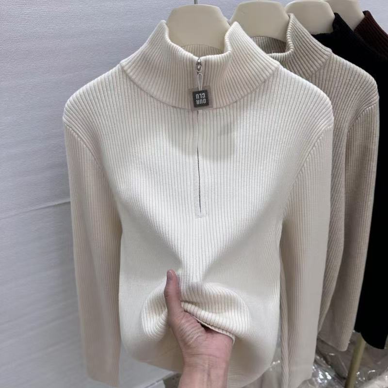 女士特价拉链竖条纹半高领针织衫
