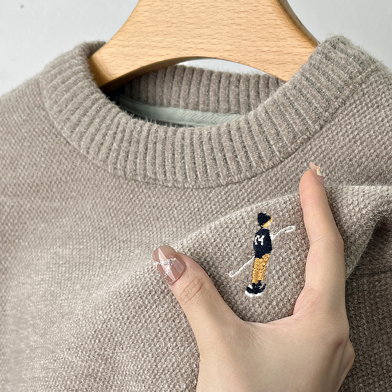 一体绒圆领毛衣男重工刺绣冬季新款加绒加厚保暖针织长袖打底衫