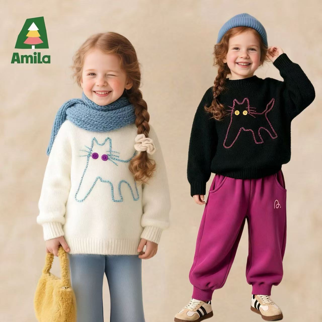 Amila啊咪啦2025冬季新款萌趣猫咪刺绣女童毛衣针织衫XD5MY529