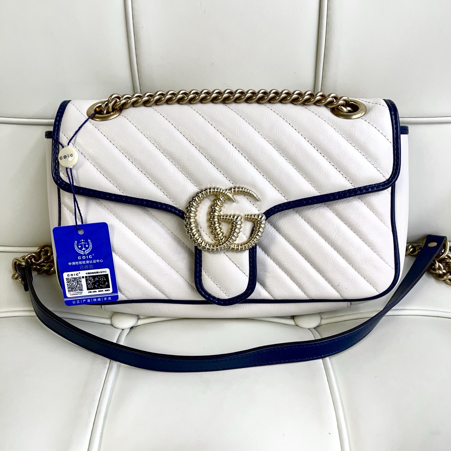 95新 GUCCI/古驰 119591 古驰蓝白配色马蒙26斜挎包