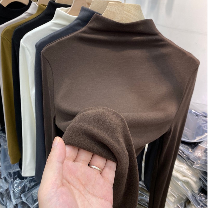 双面德绒半高领打底衫女长袖秋冬季洋气内搭紧身加绒磨毛保暖上衣