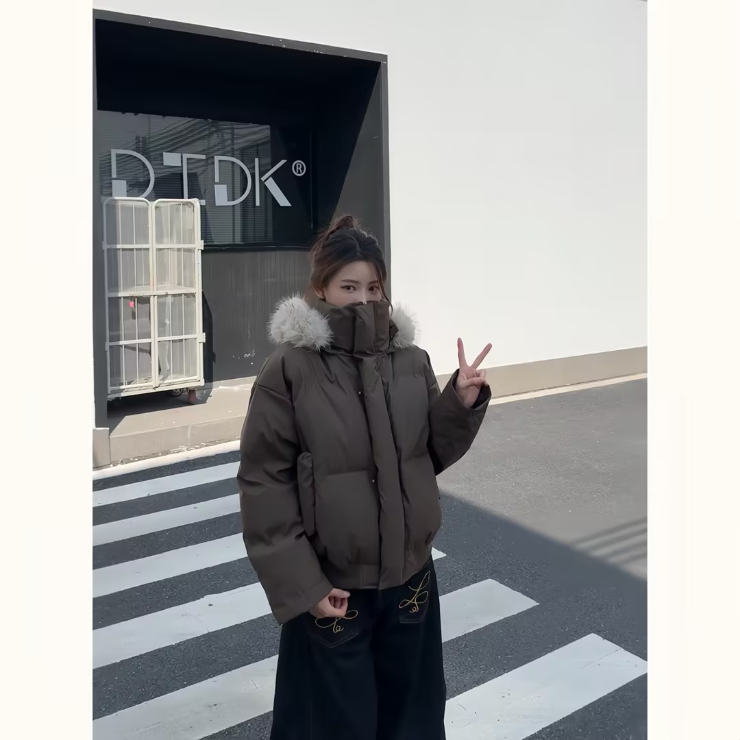 美式高街短款可拆卸连帽毛领立领皮棉服加厚保暖