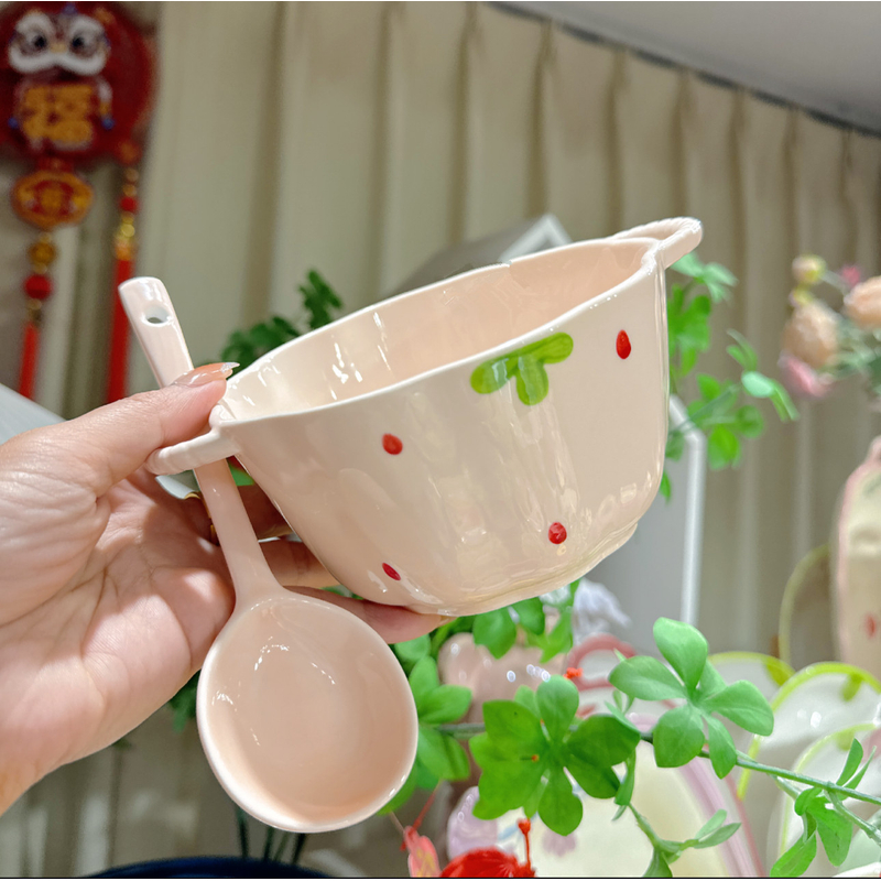 【1碗+1勺】奶油粉草莓陶瓷双耳小汤碗勺家用装汤碗学生可爱餐具