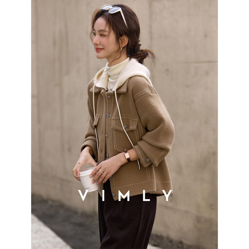 F梵希蔓驼色可拆卸连帽翻领毛呢外套女冬显瘦百搭明线上衣30580