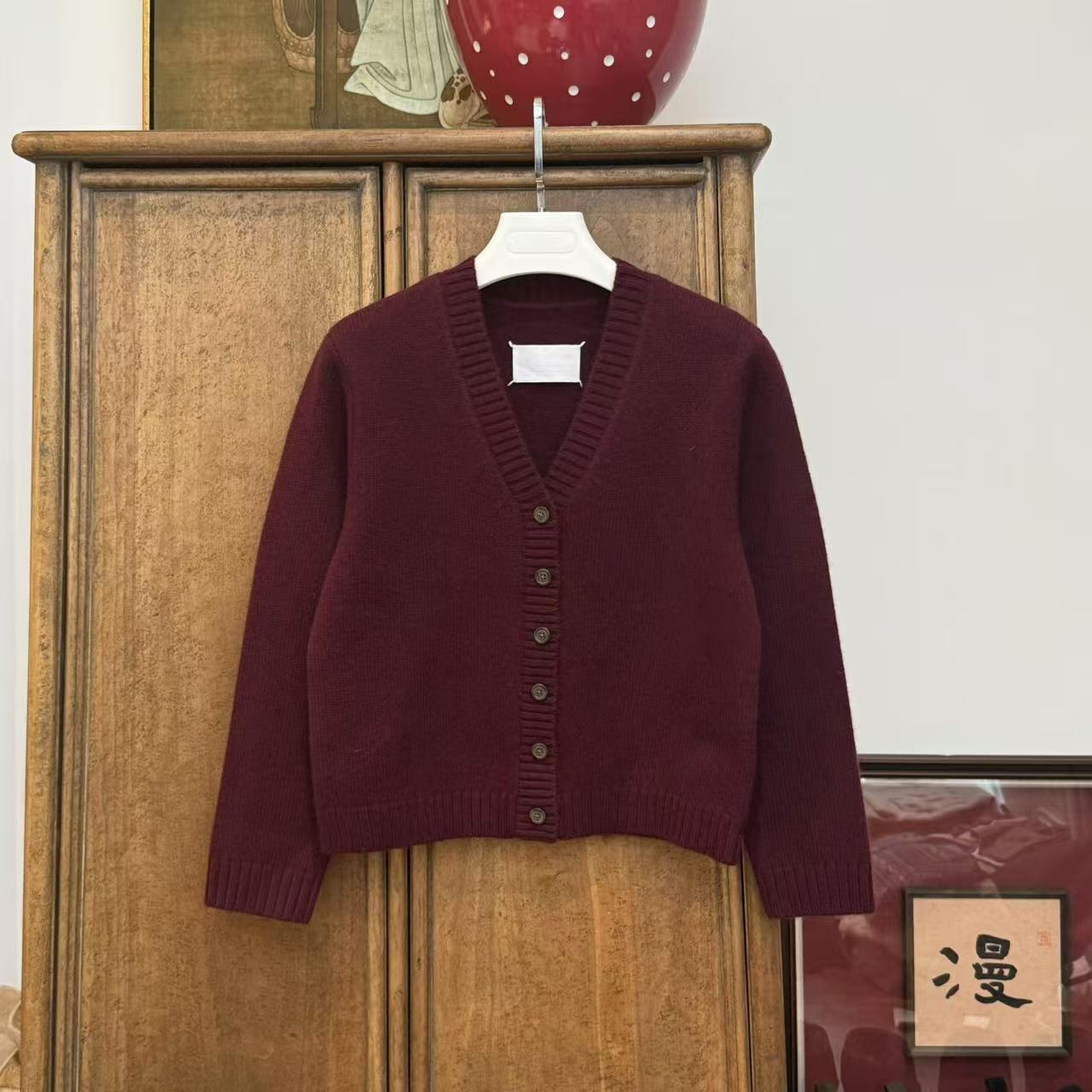 MYL 2024秋冬新品绵羊毛酒红色针织开衫V领长袖单排扣休闲毛衣