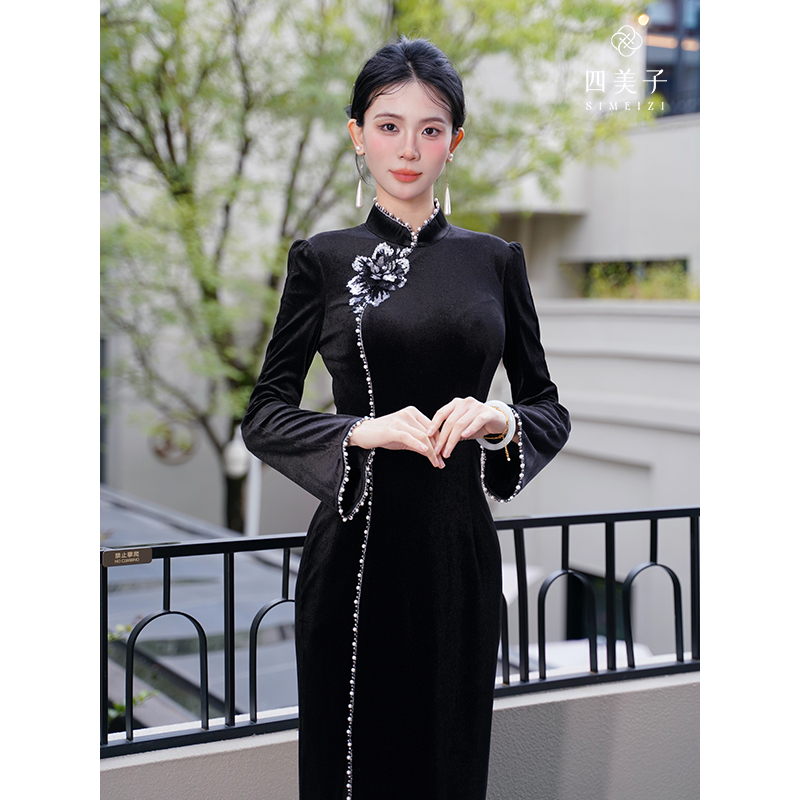 四美子【夜来香】冬季新款丝绒加厚显瘦修身新中式改良旗袍连衣裙