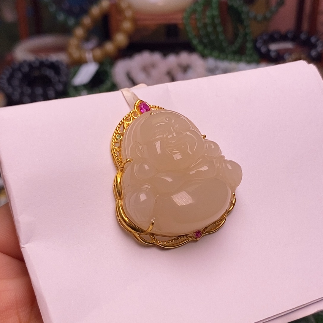 和田玉未镶嵌颈饰藕粉老矿料收藏毕业级金镶佛公