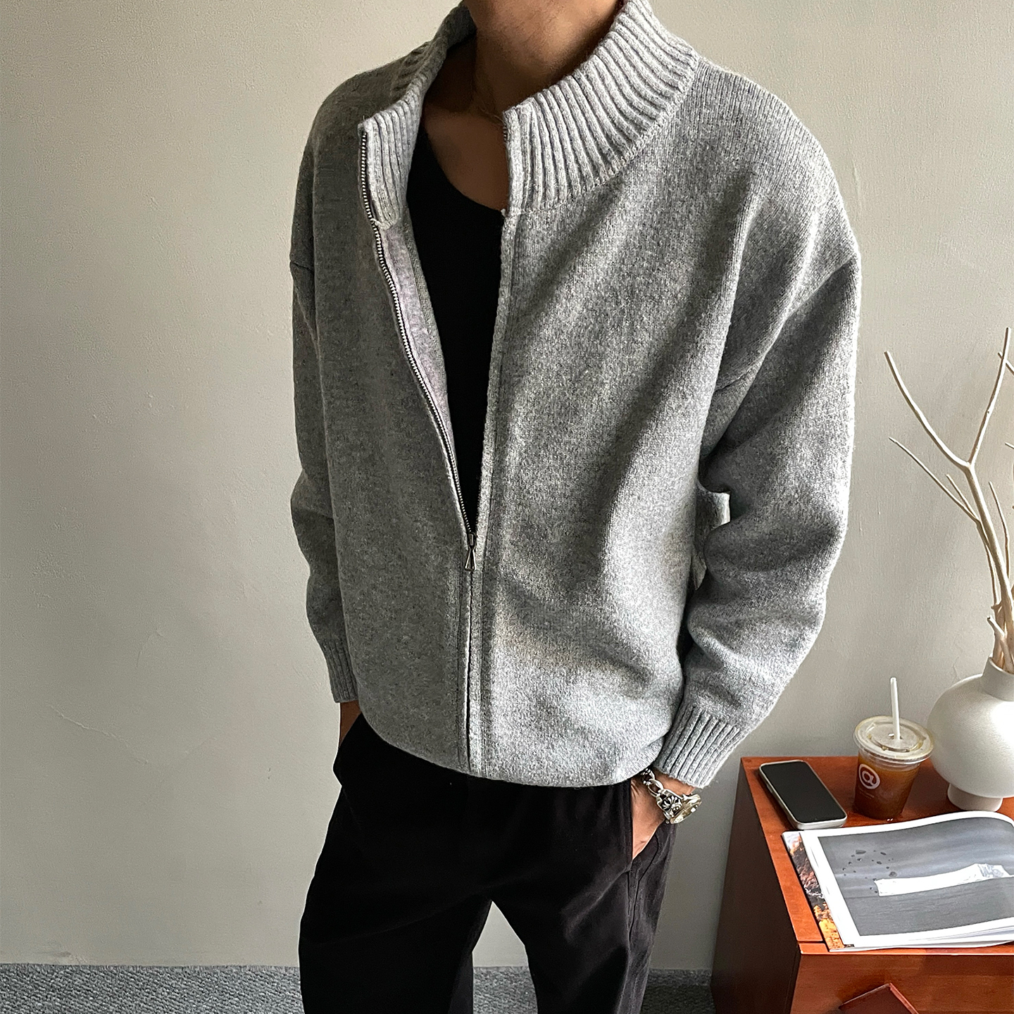 RIMO「双头拉链 羊毛混纺」美式肌理开衫毛衣男高级感针织衫外套