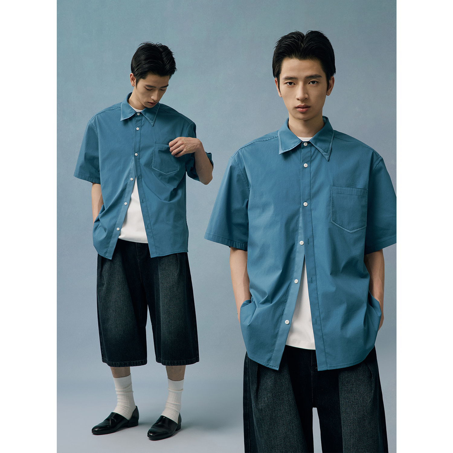 LR MADE 25SS 局部双层拼接同色系撞色 棉混纺抗皱尖领短袖衬衫