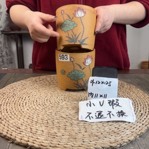 紫砂花盆微瑕柴烧手绘直筒两只593