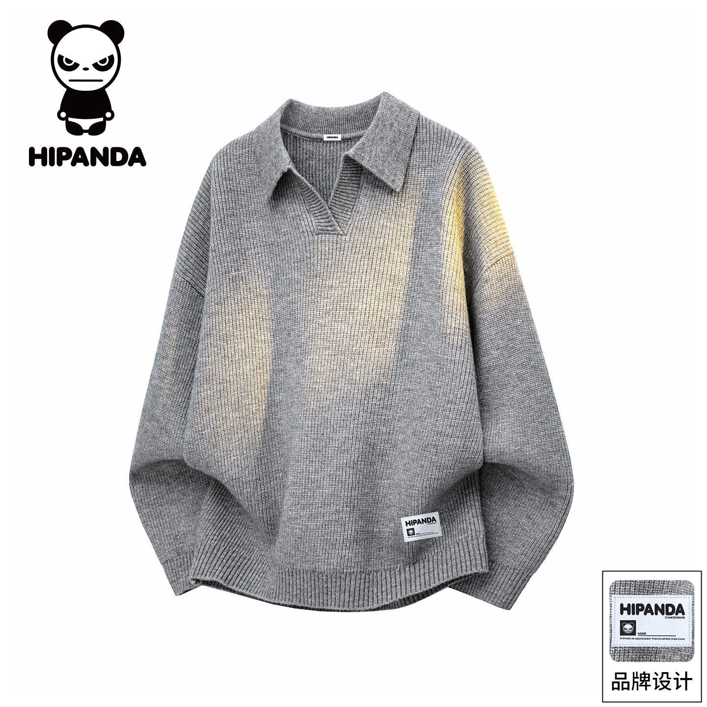 Hi Panda你好熊猫翻领毛衣男士秋冬季潮流休闲百搭宽松针织衫上衣
