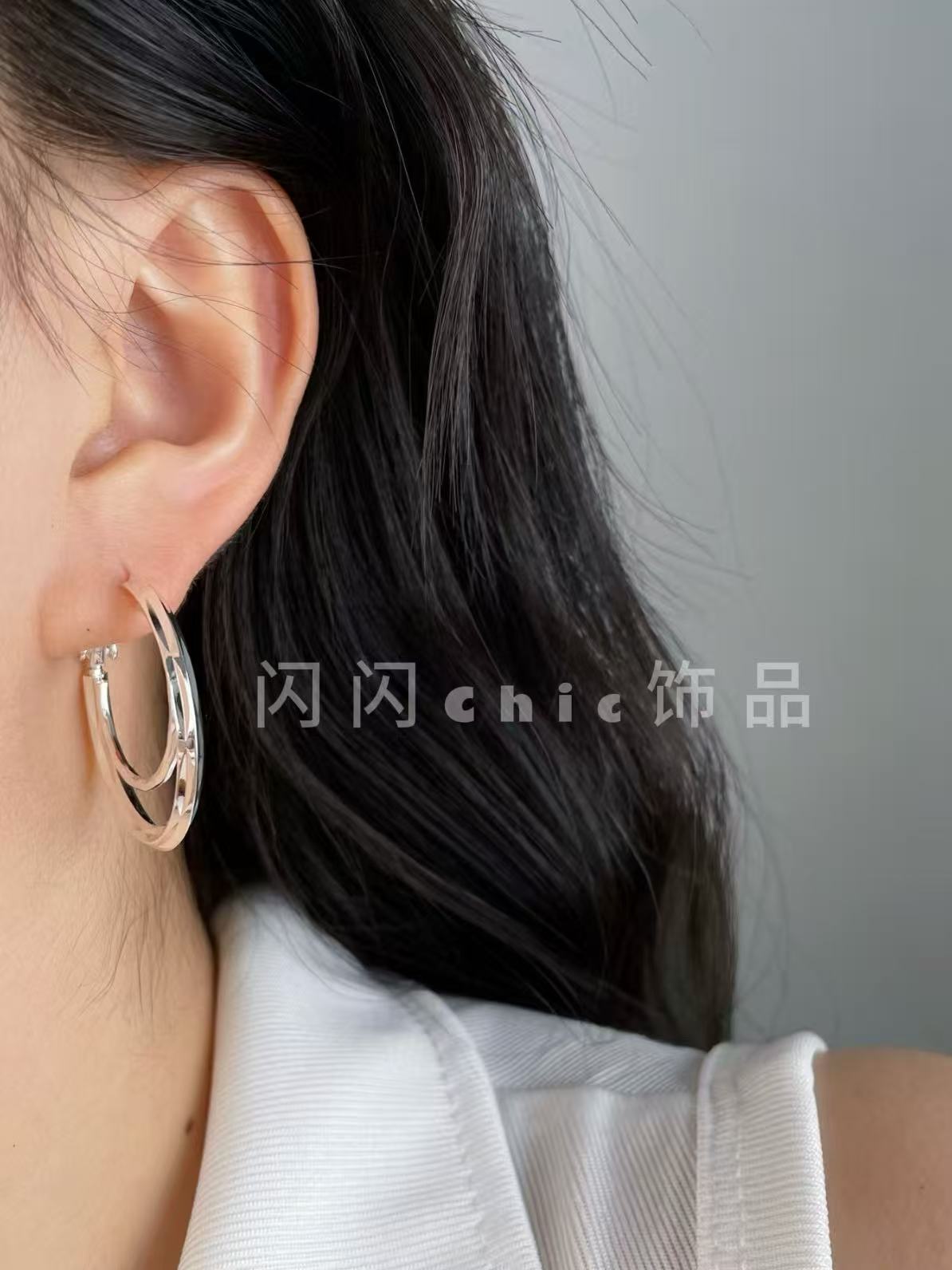 铜合金耳饰 ins简约耳饰双圈设计气质方脸圆脸日常耳饰