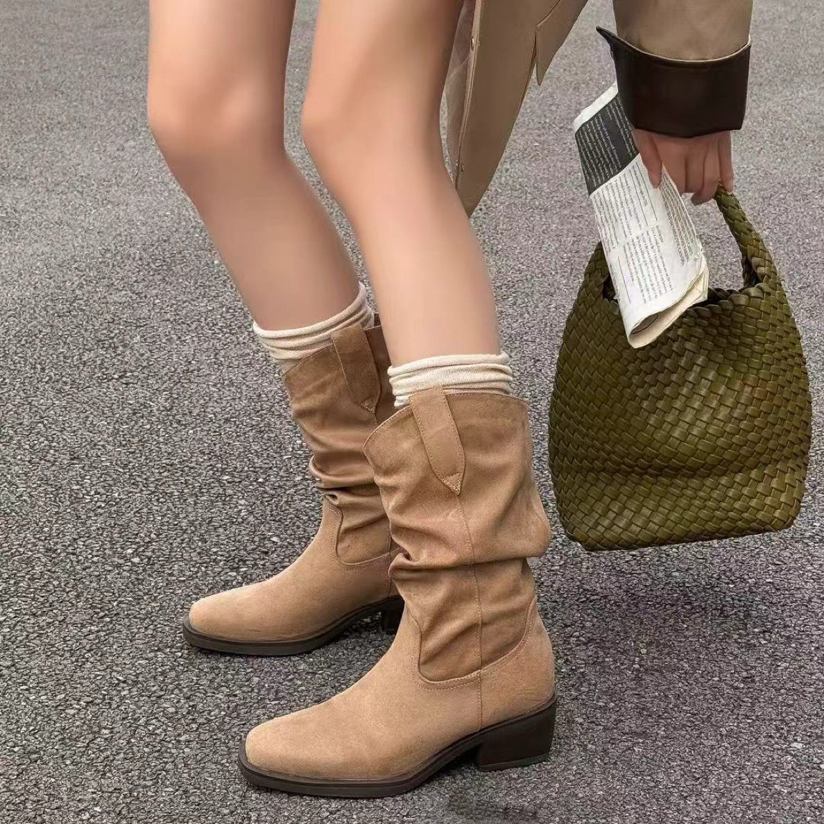 DZG@D28-66 辣妹韩系丝绒堆堆靴西部牛仔靴舒适低跟复古女靴