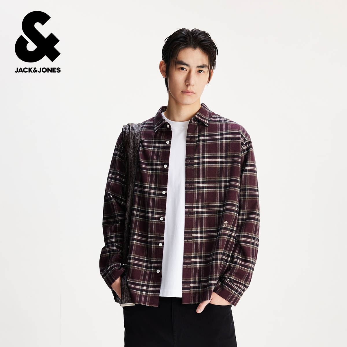 杰克琼斯男装秋季新款纯棉舒适柔软字母精致刺绣宽松翻领长袖衬衫