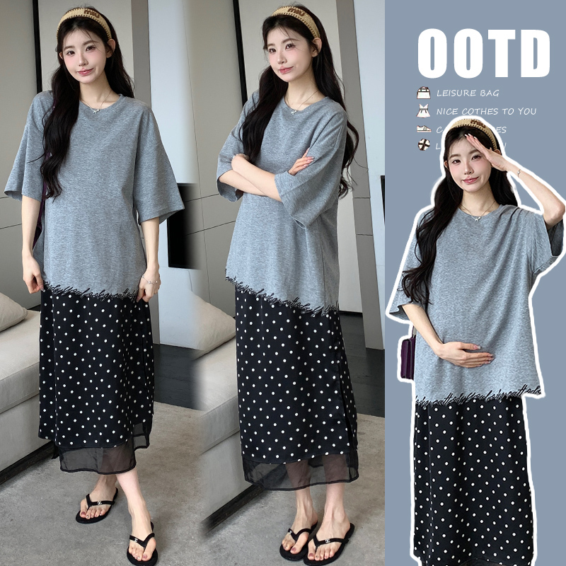 2025夏季新品韩版洋气时尚孕妇装夏装上衣T恤+波点半身裙显瘦