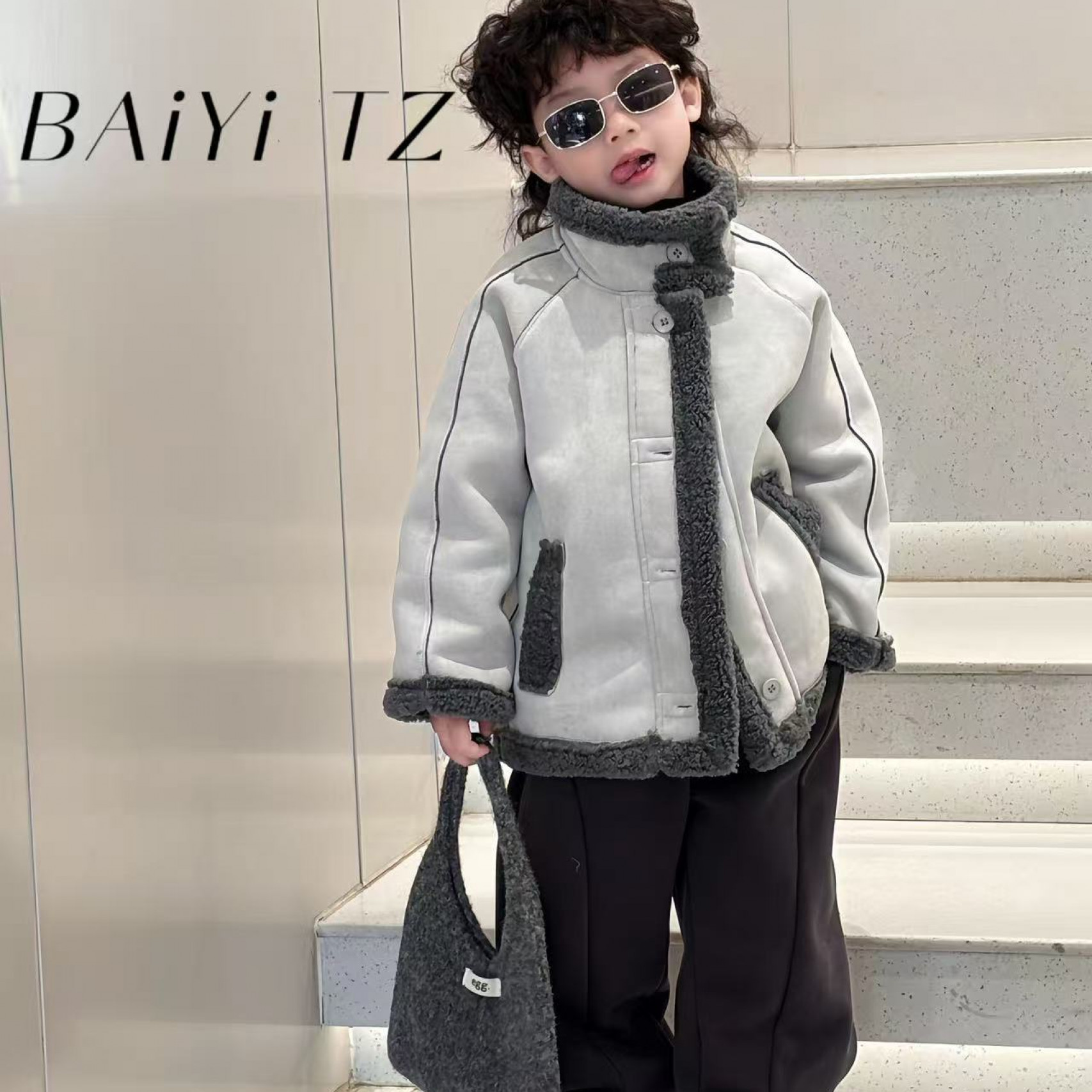 男童外套儿童加绒加厚一体绒机车服英伦风宝宝保暖百搭韩版两件套