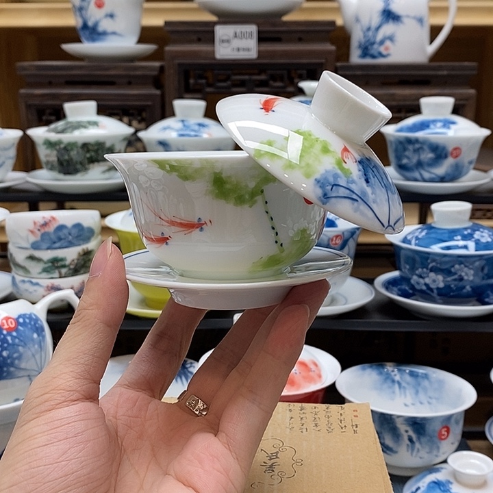 手绘五彩荷花悬停盖碗150cc釉下彩微瑕福利款