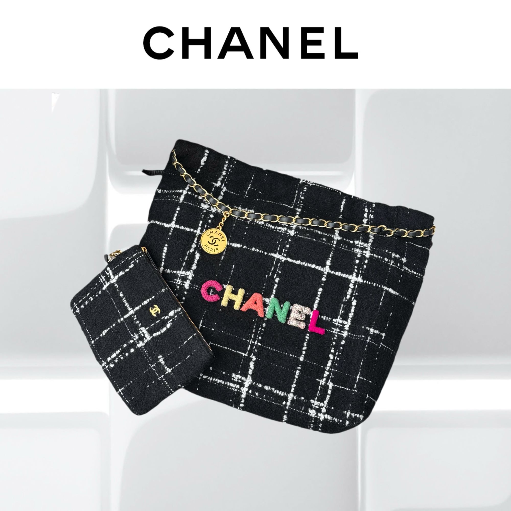 99新 Chanel/香奈儿 22K黑白编织拼彩色字母22bag垃圾袋链条包
