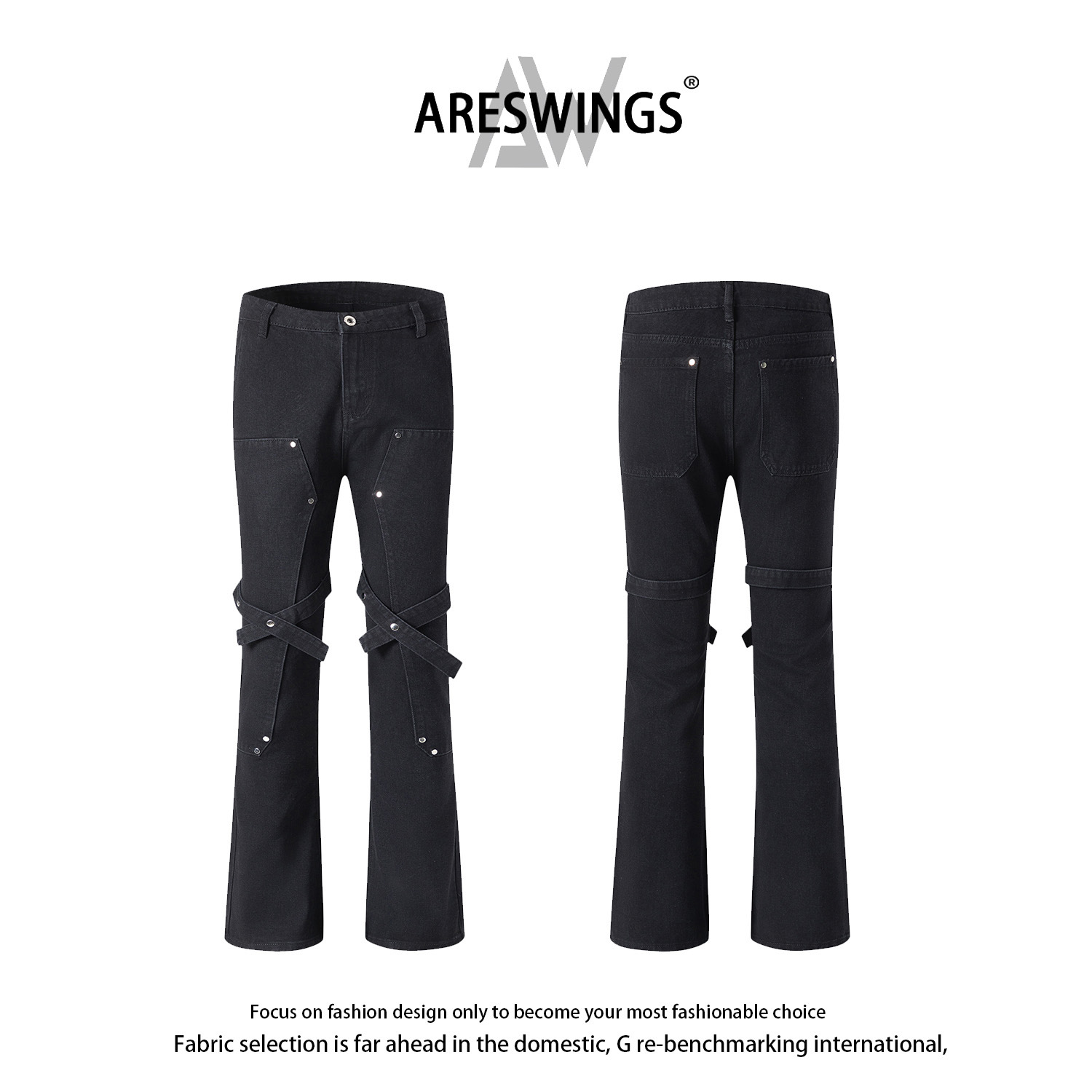 ARESWINGS美式复古新款纯黑牛仔裤男秋季潮流绑带设计感微喇叭裤