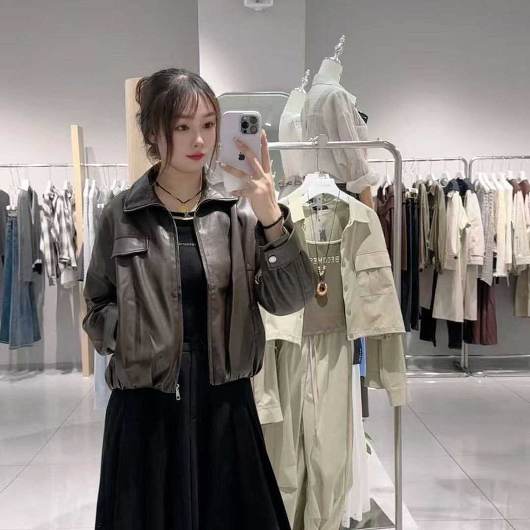 厚款短款标准秋季日式极简风皮衣女士皮夹克百搭翻领