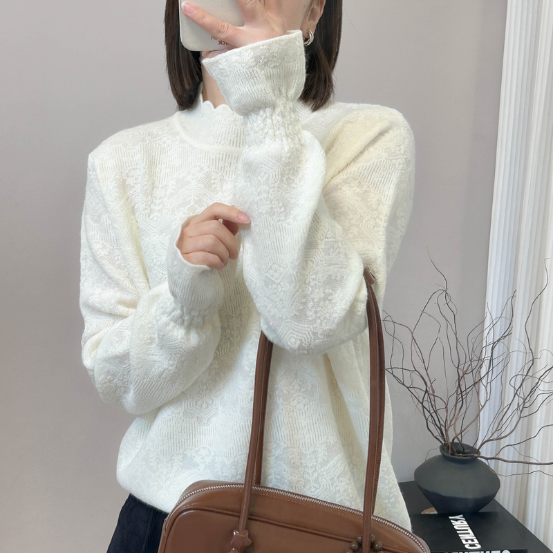 复古勾花竖坑条花瓣领针织打底衫秋冬季新款上衣宽松叠穿内搭