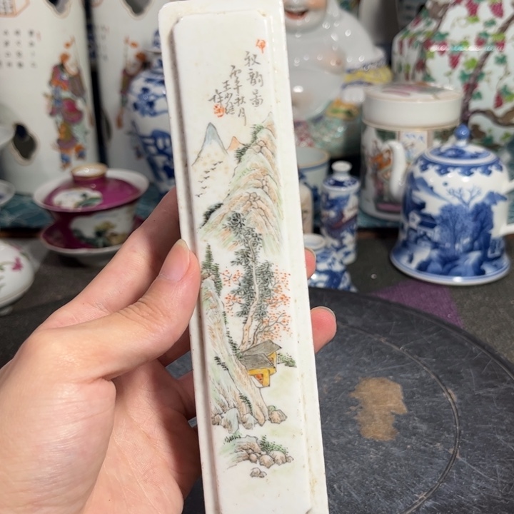 摆件浅降彩风景画镇尺