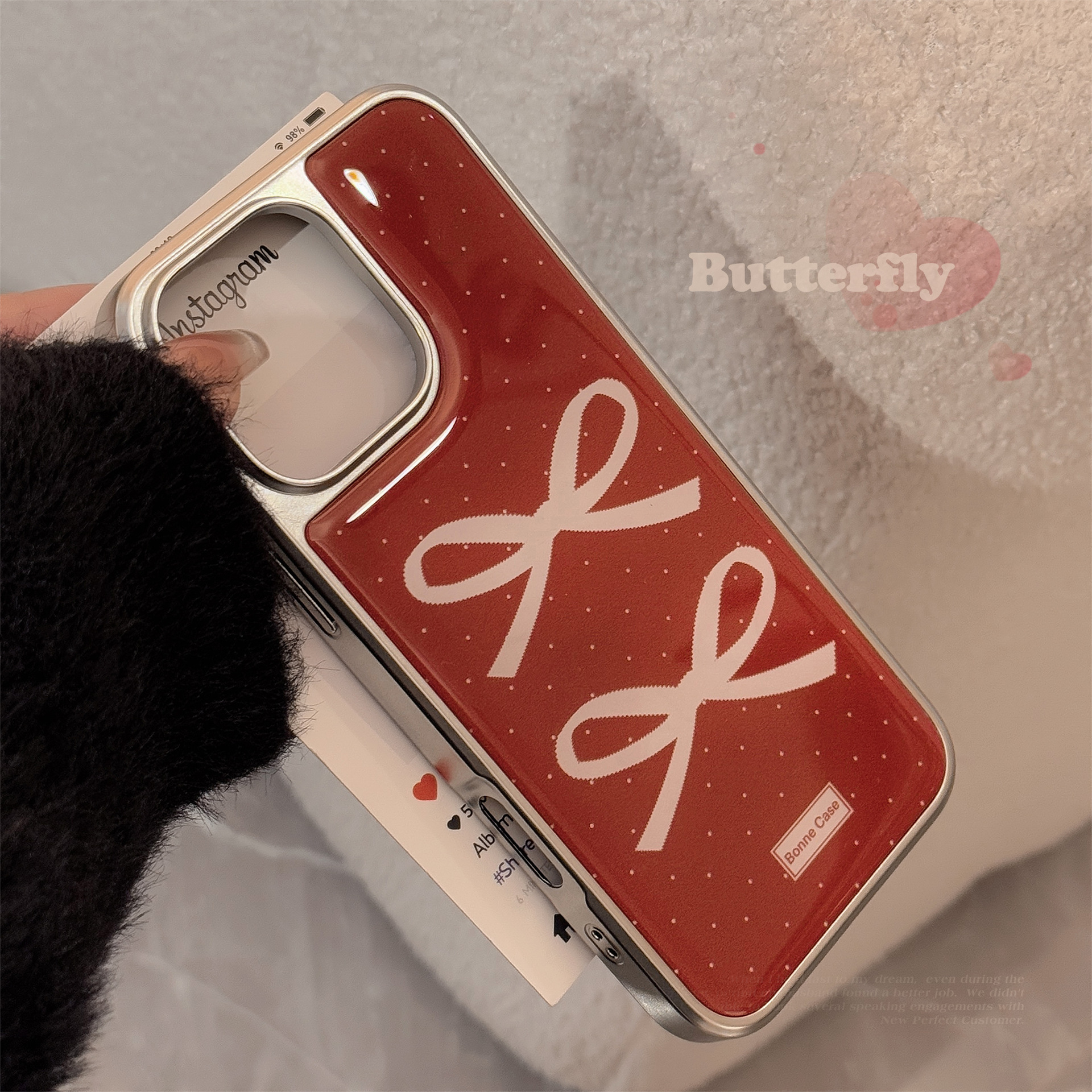 滴胶电镀ins酒红复古蝴蝶结适用16苹果15pro max手机壳iphone14硬