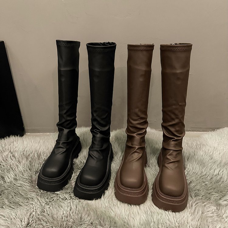 新款厚底高筒显瘦秋冬中筒靴堆堆靴小个子瘦瘦靴子