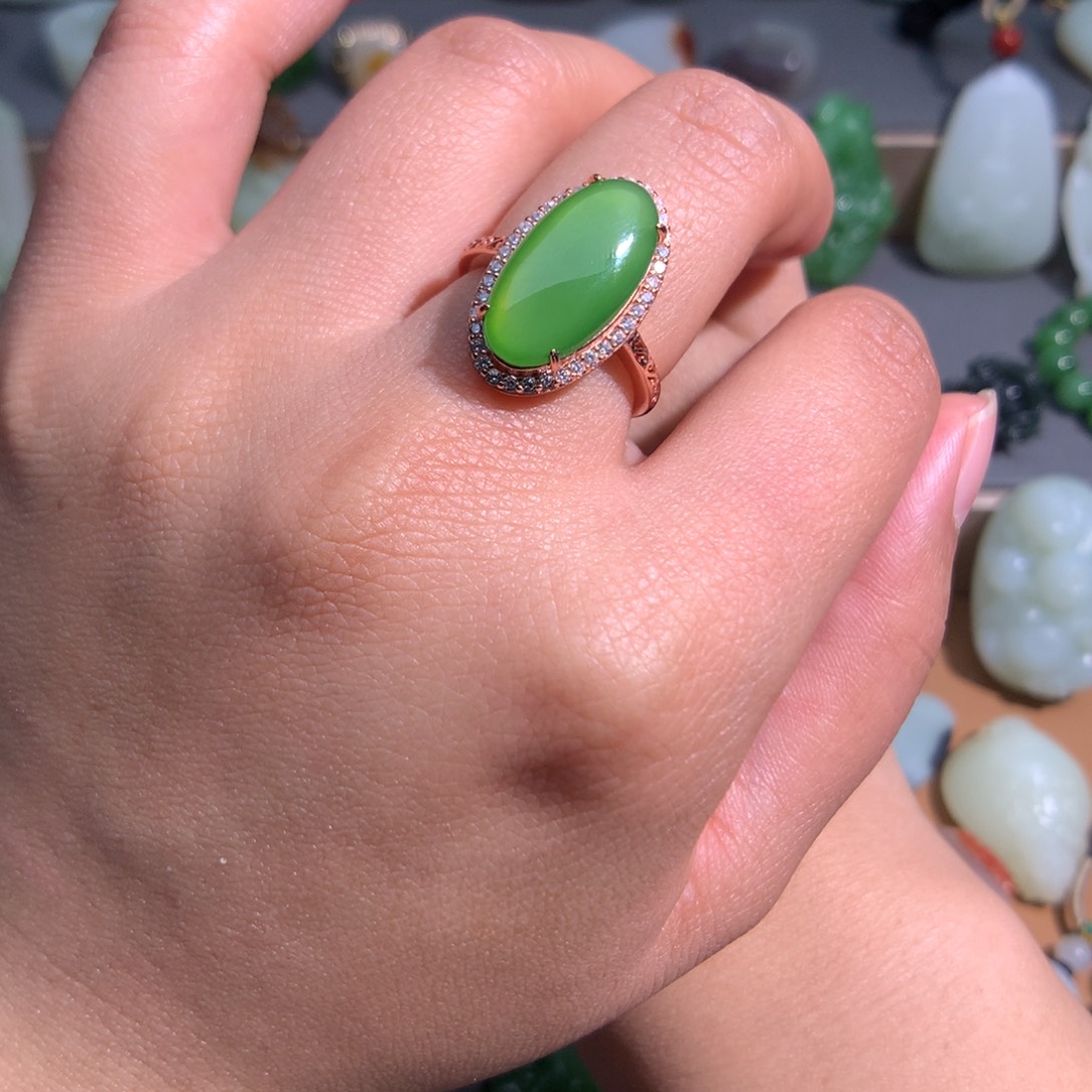 和田玉戒指银S925镀金镶嵌