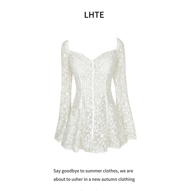 青青大码女装   蕾丝镂空法式气质长袖白色连衣裙C6214