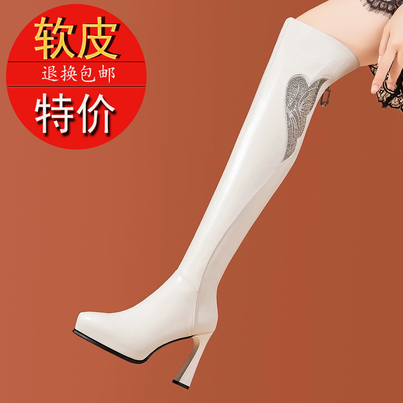 正品真软皮时尚水钻后拉链休闲长筒靴女2025秋冬新款加绒时装靴