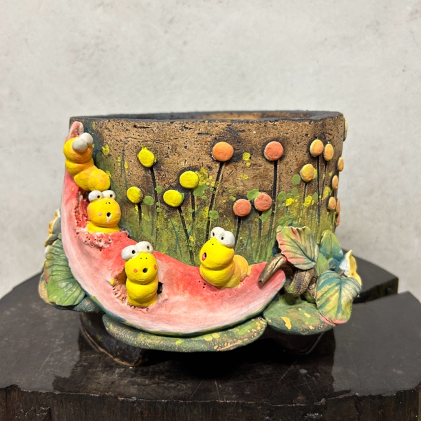 【萌趣童真·手作粗陶多肉盆】原创毛毛虫啃西瓜立体浮雕！雨田花器