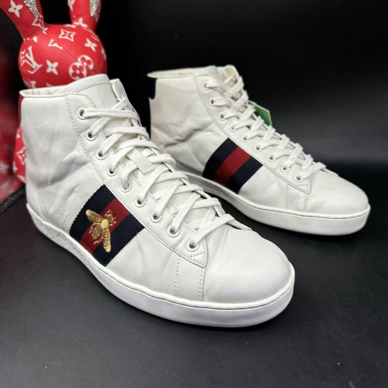 95新 GUCCI/古驰 【AO福利】41.5欧码 男白色蜜蜂ace高帮板鞋ao391