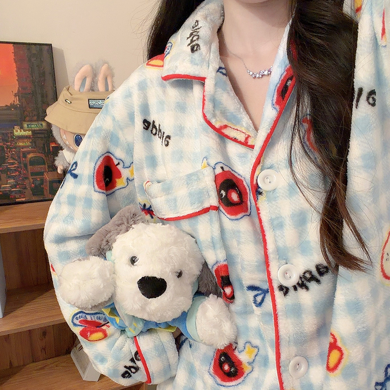 蓝格头套企鹅睡衣女法兰绒秋冬季长袖长裤甜妹加绒加厚保暖家居服