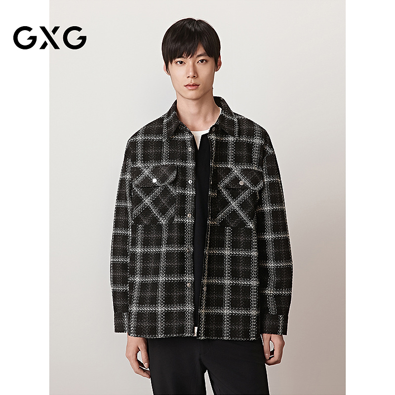 GXG男装 黑格小香风长袖衬衫外套男生24年秋季#G24X033043