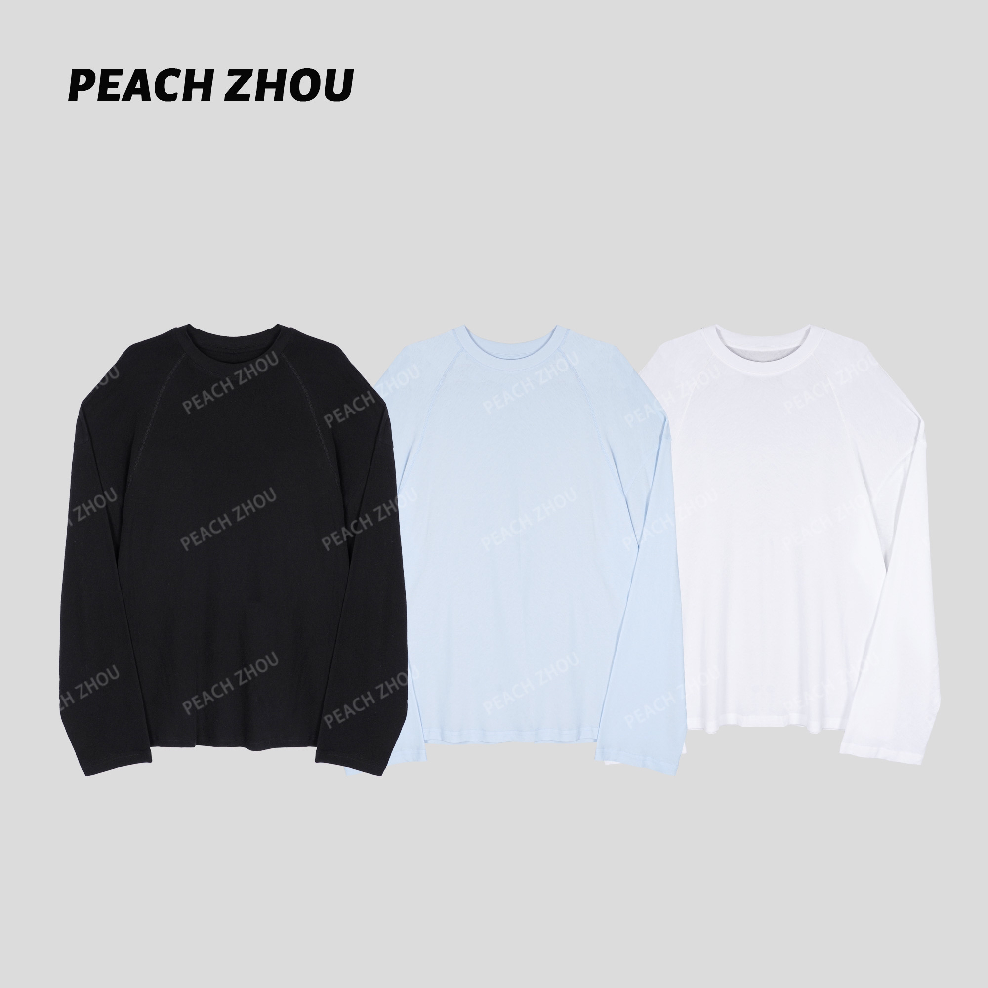 『PEACHZHOU』后三角标纸片落肩纯色宽松圆领长袖简约休闲松驰T恤女